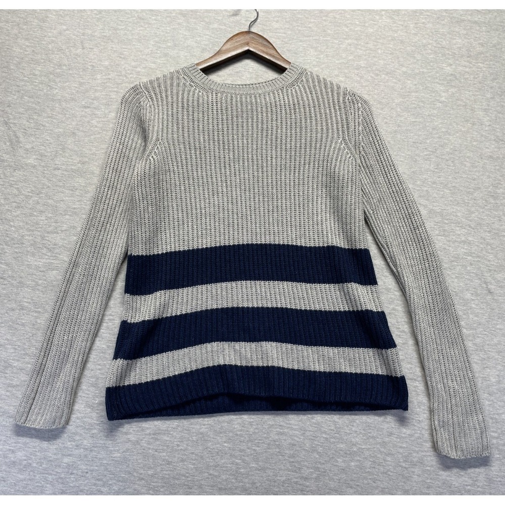 H by Bordeaux Sweater Women S Gray Navy Striped Wool Blend Shaker Knit Crew Neck